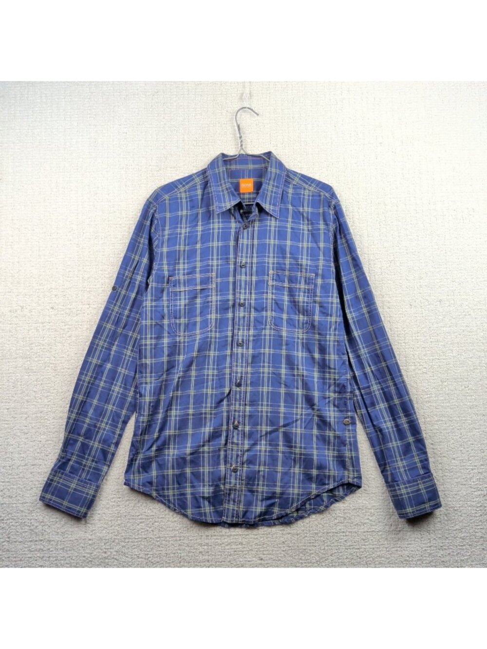 BOSS Hugo Boss Mens Button Down Dress Shirt M Dark Blue Plaid Preppy Pockets